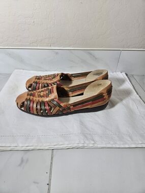 Softspots Multicolor Woven Leather Huarache Flats - Tan, Red, Green